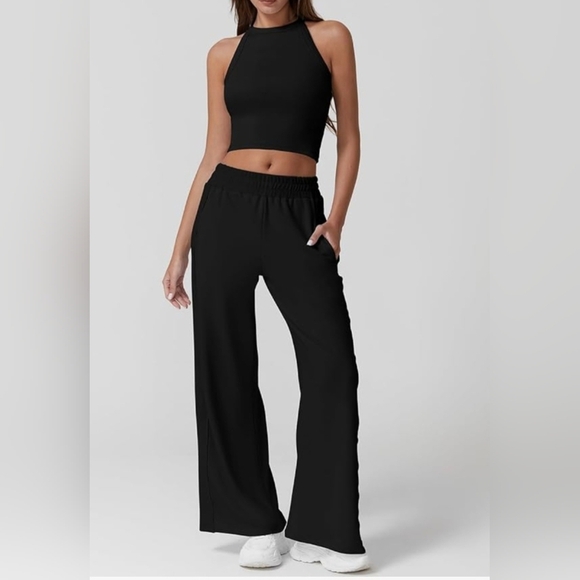Crop Top Wide Leg Pants Two Piece Matching Lounge Set Tracksuit #813 - Picture 9 of 13